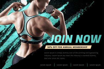 Fitness woman with dumbbell ads - obrazy, fototapety, plakaty
