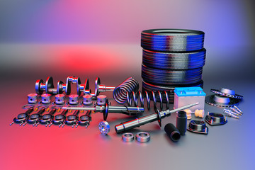 Auto parts spare parts car on the grey background. Set with many new items for shop or aftermarket. Auto parts for car. 3D rendering