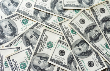 Pile of old one hundred dollar bills bills, close up dollars