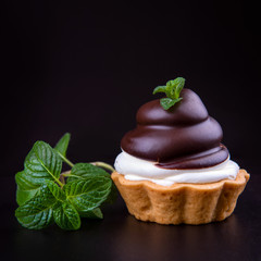 Chocolate tart (tartlet) on dark background, isolated