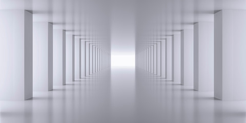 Futuristic empty white corridor with walls and bright light. 3D Rendering.