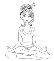 Yoga girl in lotus position, isolated hand-drawn illustration