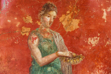 Pompeii, Italy. 04-22-2019. Fresco  in antique roman house in Pompeii, Italy.