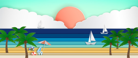 Fototapeta na wymiar panorama of the sea during the summer holidays. And Origami Sailing Boat. And views of the vast sea. And a paper cut style, and can be used as illustration or background.