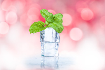 ice cubes and splashing water with mint on a colored background