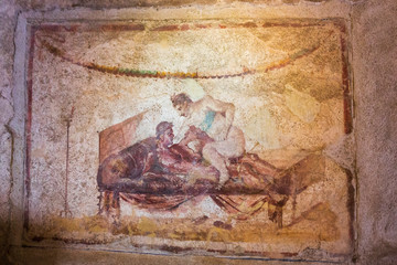 Pompeii, Italy. 04-22-2019. Fresco  in antique roman house in Pompeii, Italy.
