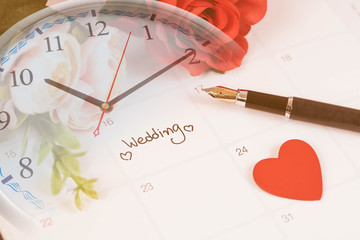 Time for Reminder Wedding day in calendar planning and fountain pen with color tone.