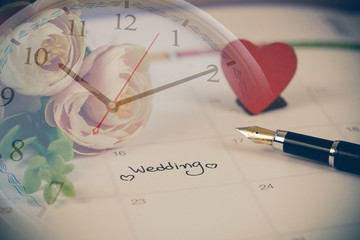 Time for Reminder Wedding day in calendar planning and fountain pen with color tone.