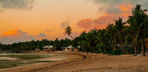tropical beach, palm trees and cattages under a sunset coated sky, feel like a Corona!