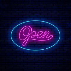 Open, bright neon sign for shop, cafe, bar, barber shop, restaurant, motel, casino, club and more. Neon inscription open, in one continuous line.