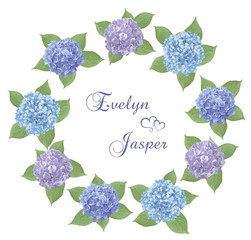Vector wreath frame for wedding invitations.Watercolor Blue, purple, sapphirine flower, leaves of hydrangea, mophead, lacecap, panicle on background.Seasonal plants, collection.All elements