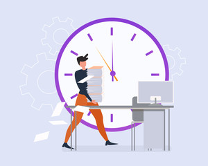 Cartoon Man with Paper Sheet Stack Office Table