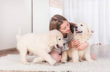 Little girl sit hugging cute fluffy retriever puppies on carpet