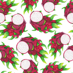 Seamless pattern with watercolor pitaya. Tropical fruits.
