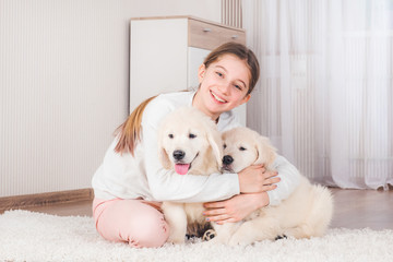 Teenage girl sit hugging cute fluffy retriever puppies on carpet
