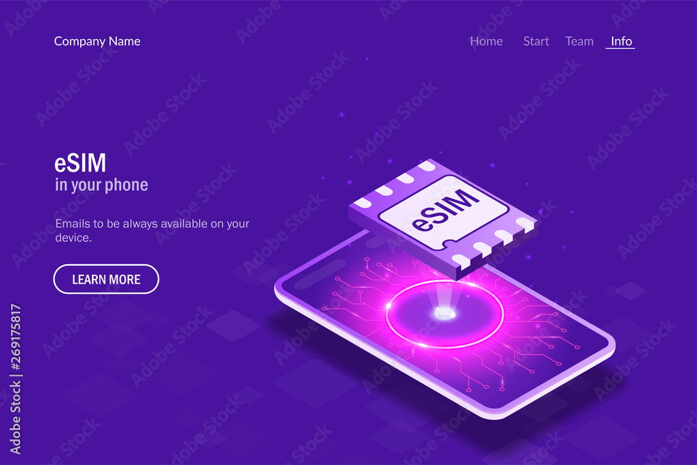Poster esim card chip sign. embedded sim concept. new mobile communication technology. futuristic projectio
