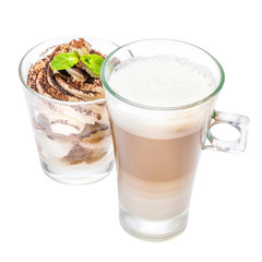 Classic tiramisu dessert in a glass and cup of coffee isolated on a white background with clipping path