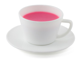 White cup of strawberry milk isolated on white background