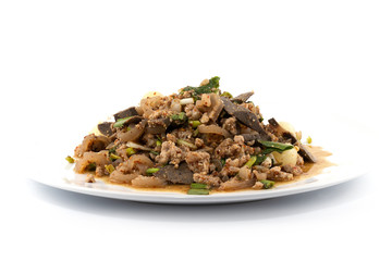Spicy minced pork salad or Ground pork salad thai food.