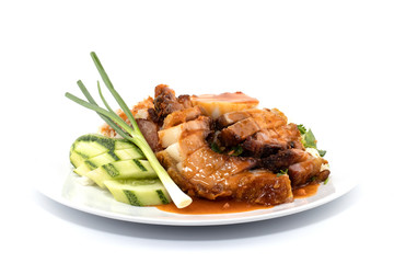 Rice crispy pork isolated on white background. thai food