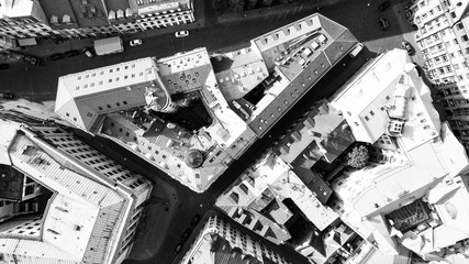 Top Down View of Rooftops in Old European City, Riga, Latvia. Black and white photography