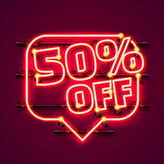 Message Neon 50 off text banner. Night Sign. Vector