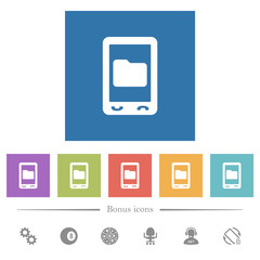 Mobile data storage flat white icons in square backgrounds