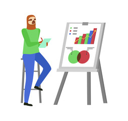 Hipster animal vector, sloth animal taking notes while looking at whiteboard with information, student learning new info about subject research results
