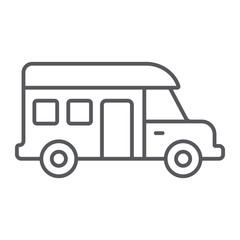 Motorhome thin line icon, transportation and auto, trailer sign, vector graphics, a linear pattern on a white background.