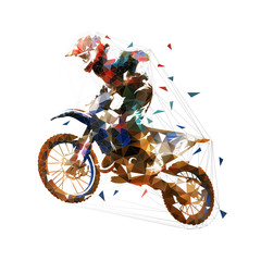 Motocross race, rider on motorbike, isolated low poly vector illustration