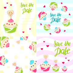 Set of wish cards. Wedding invitation. Save the date. Festive cards with cupcakes. Colorful vector illustration. Celebration theme. Template
