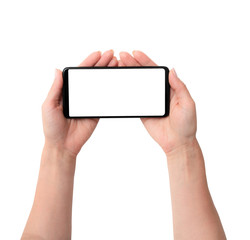 Black modern smartphone with white screen in hands isolated on a white background