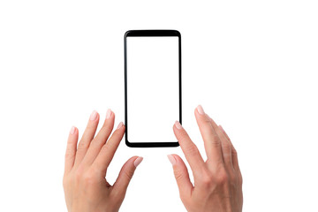 Black modern smartphone with white screen in hands isolated on a white background