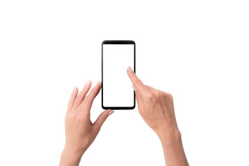 Mock up of user hands with black smartphone isolated on a white background
