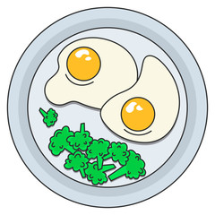 Vector image of a plate of food. Healthy breakfast, tight snack. Fried eggs, fried eggs on a plate with broccoli. Image for restaurant or poster menu design. Natural, organic food. Flat illustration.