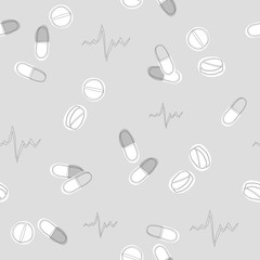 Grey pharmacy background. Pills collection. Medical pills and capsules seamless pattern. 