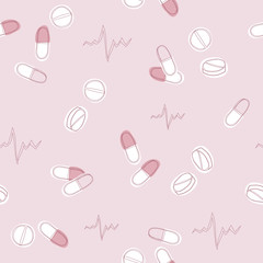 Pills collection. Medical pills and capsules seamless pattern. Pink pharmacy background.