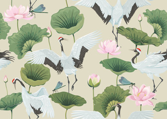 Obraz premium seamless pattern with japanese cranes and lotus flowers
