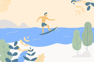 Fantasy cute seaside landscape. Trendy fashion plants, leaves,mountains,sun,sea,surfer and nature in minimalistic flat design style. Bushes, trees. Vector illustration.Soft colours