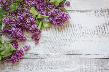 Frame of purple lilac flowers with space for text on white vintage wooden board.