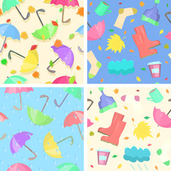 Fototapeta na wymiar Collection of bright autumn seamless patterns. Indispensable attributes of any autumn: rain, leaf fall, umbrellas, rubber boots and other cozy things for bad weather