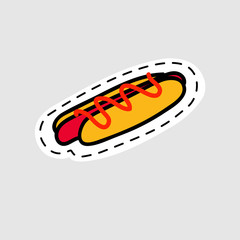 Isolated image for badge, sticker or patch. Vector illustration. Drawing of a tasty hot dog