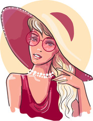 Head of a sweet lady with light long hair, big hat in fashion red blouse