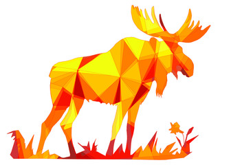 amber color, one moose stands, vector-isolated images on white background in low poly style