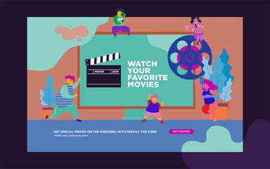 movie festival, online cinema vector illustration concept, people watching movie by online streaming, millenial vlogger, can use for, landing page, template, ui, web, homepage, poster, banner, flyer