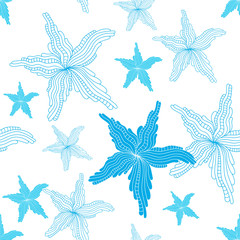 Seamless pattern on the marine theme, starfish blue on a white background. Blue stars with a various size on a white background. Vector stars seamless pattern