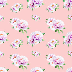 Beautiful white peony seamless pattern. Bouquet of flowers. Floral texture. Marker drawing. Watercolor painting. Wedding and birthday composition.  Flower painted background. Hand drawn illustration.
