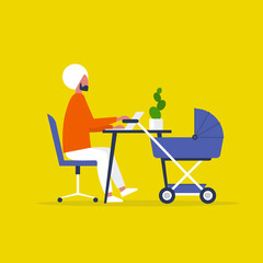 Baby carriage. Pram. Young indian character combining work and baby care. Modern parenthood. Flat editable vector illustration, clip art