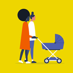 Baby carriage. Pram. Homosexual couple of female characters walking with a stroller. Modern parenthood. Flat editable vector illustration, clip art
