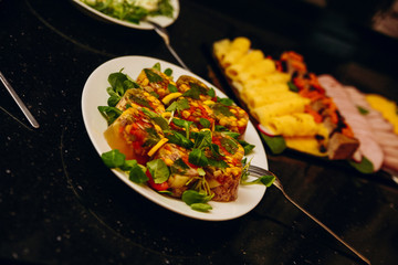Mouth-watering,colorful dishes on the table.Delicious meat snacks